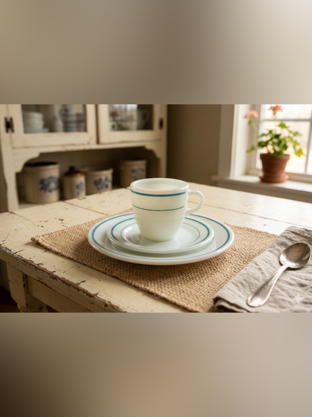 Vintage Pyrex Blue Band Milk Glass Coffee Cup & Saucer Plate Trio